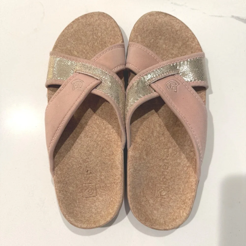 Spenco Womens Orthotic Slide Sandals Blush‎ Pink Gold Metallic Strappy Size 10